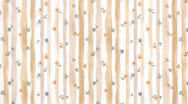 Charming watercolor floral stripe pattern, delicate hand-painted vertical lines with scattered small flowers, a soft pastel background for fabric, wallpaper, or digital design.