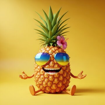 A cheerful pineapple character wearing stylish sunglasses sits on a bright yellow background, radiating joy and tropical summer vibes for all, holiday, pineapple, background