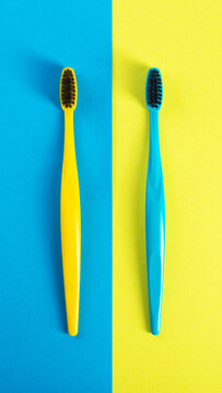 Yellow toothbrush with black bristles on blue color block and blue toothbrush with black bristles on yellow color block, oral hygiene product, dental care concept, studio shot, vertical photo