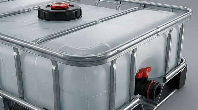 Large plastic industrial water tank container with metal cage frame and black valve for liquid storage. ibc container