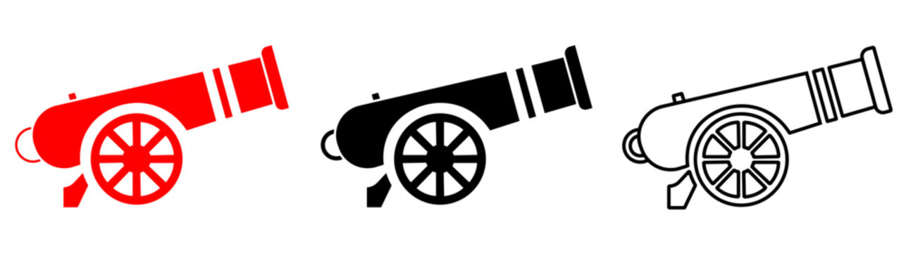 Vintage cannon icon set, antique artillery vector graphics in red and black, historical war weapon silhouettes for gaming and education