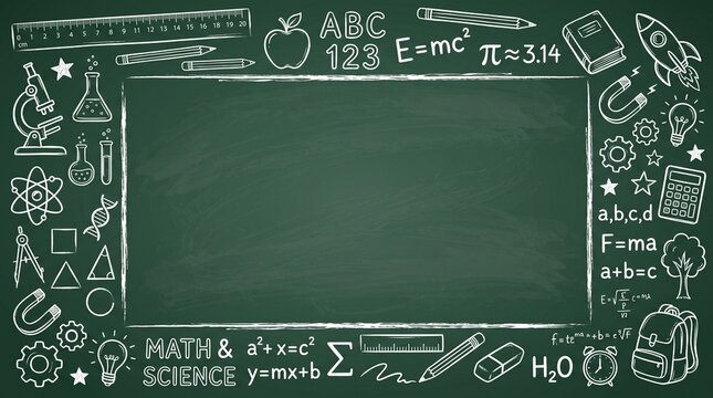Green Chalkboard Frame with Hand Drawn School and Science Doodles Background