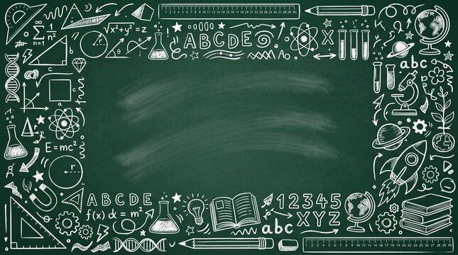 Education chalkboard background with science and math doodles, copy space