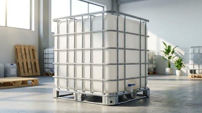 Large plastic water tank in a metal cage container sitting on a wooden pallet inside a clean warehouse. ibc container