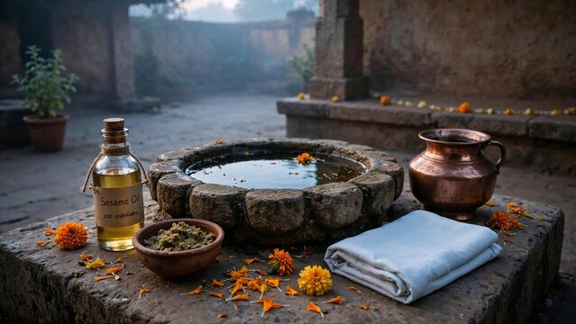 Sacred Bath Essentials Beside Stone Basin in Tranquil Courtyard