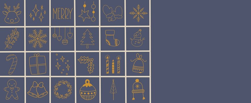 Elegant Christmas hand drawn icons on blue background with copy space