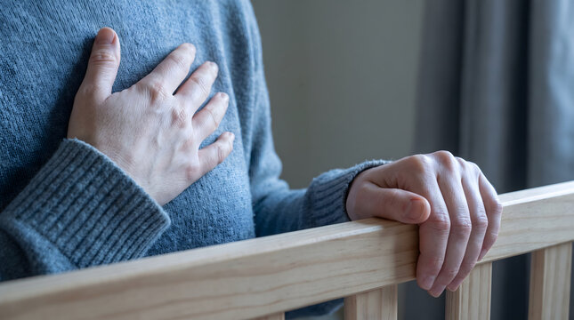 Stressed mother touching her chest near baby crib rail feeling postpartum stress heart palpitation or mental fatigue