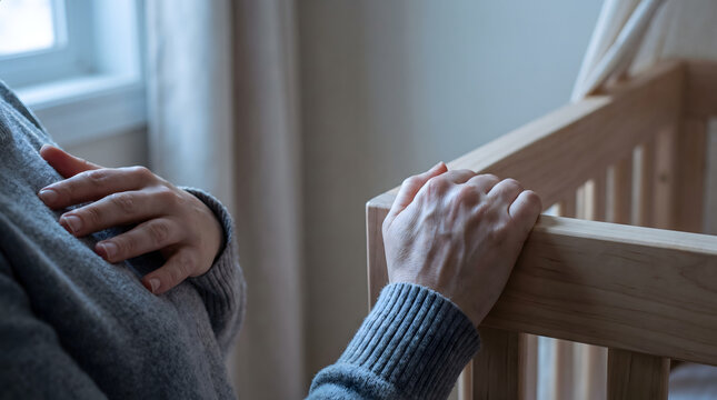 Woman hand on chest dealing with anxiety attack heart risk or postpartum depression while standing by baby crib rail