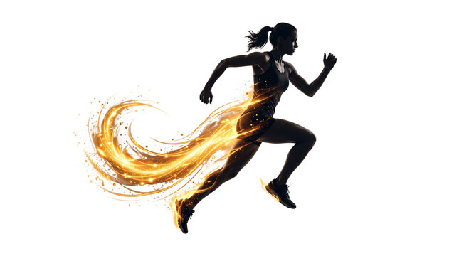 Athletic female runner silhouette with fire trail, fast woman sprinter with golden flame effect, energetic sports motion on white background