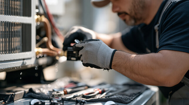 A close up of an air conditioning repair technician's gloved hands working on a condenser unit, rain streaking the alley wall behind, tools spread on a wet towel below, water
