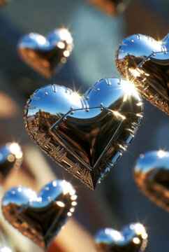 Cuori metallici 3D fluttuanti con riflessi luminosi e bagliori