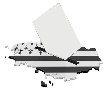 3D isometric map of Brittany with a ballot box slot and paper representing democratic elections, political rights, regional choice, civic duty, and voting process (cut out)