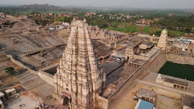 Aerial view of virupaksha temple in hampi, a unesco world heritage site and famous landmark in karnataka, india