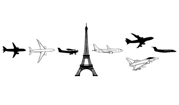Black and White Airplane and Eiffel Tower Silhouette Outline Vector Collection