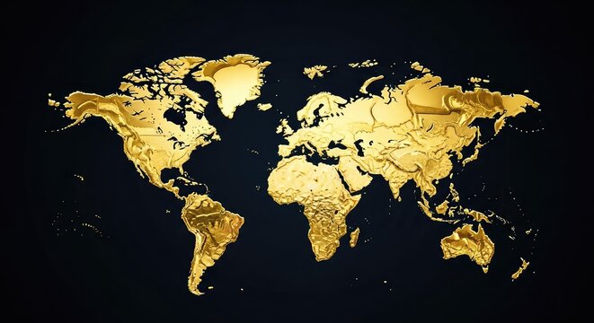 A luxurious golden world map shimmering against a deep dark background, featuring elegant metallic textures and a sophisticated global design, business, glow, continent