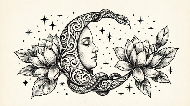 Moon-faced woman with snake and lotus flowers