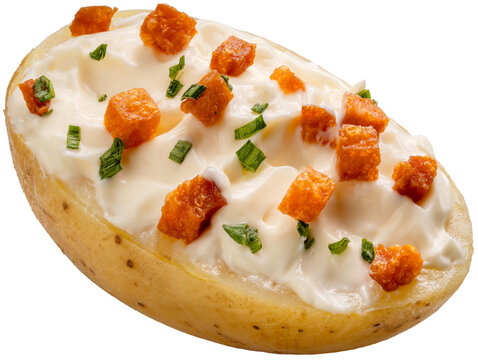 Baked Potatoes with cashew sour cream, tempeh bacon isolated on white background, Roast Potatoes isolated on white background with png file.