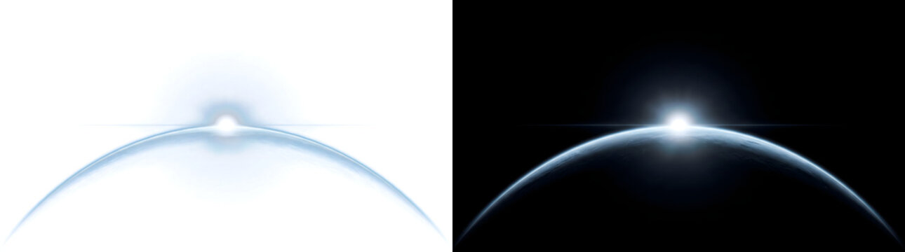 Earth Horizon glowing with bright sunrise light rising over the curved planet edge used in design with PNG, Transparent and Black Background Versions ready