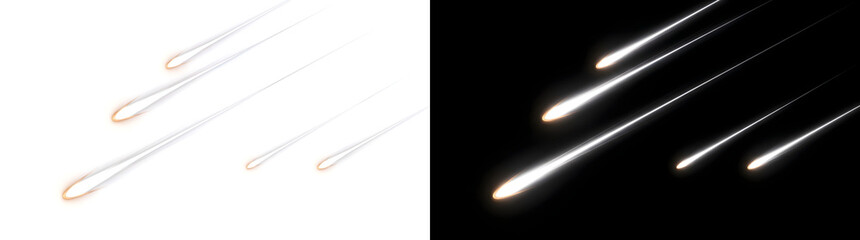 Multiple bright falling meteor streaks shooting diagonally across dark night sky with PNG, Transparent and Black Background Versions © Nyxthrasza