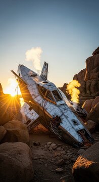A metallic extraterrestrial craft lies damaged among jagged canyon boulders as the first light of a golden sunrise illuminates the smoke, crashed, discovery, glowing