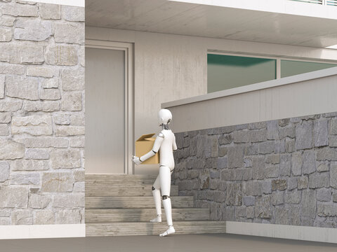 Robot delivering cardboard box to door step