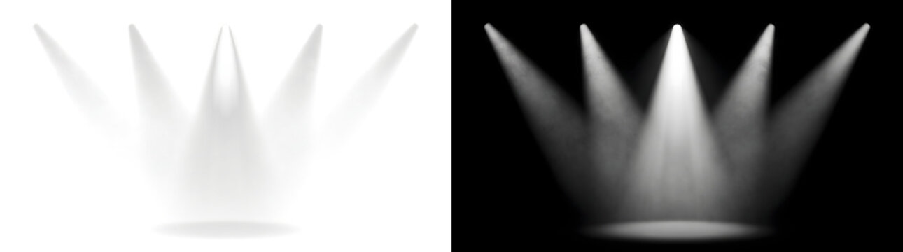 Fanned spotlight beams converging with bright center focus on stage floor with PNG, Transparent and Black Background Versions