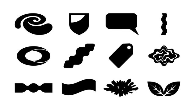 Collection of abstract black and white minimalist icon shapes on transparent background