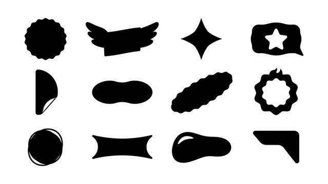Set of twelve minimalist black transparent shape icons with various designs