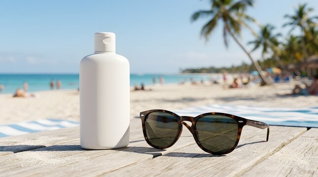 White sunscreen bottle and tortoise sunglasses on wooden beach table at tropical ocean resort.