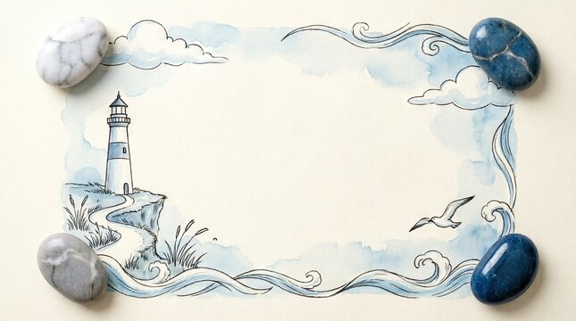Lighthouse sketch frame with waves and pebbles at corners
