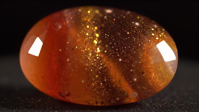 Close-up video of a sparkling orange gemstone with golden glitter inclusions, rotating on a dark background