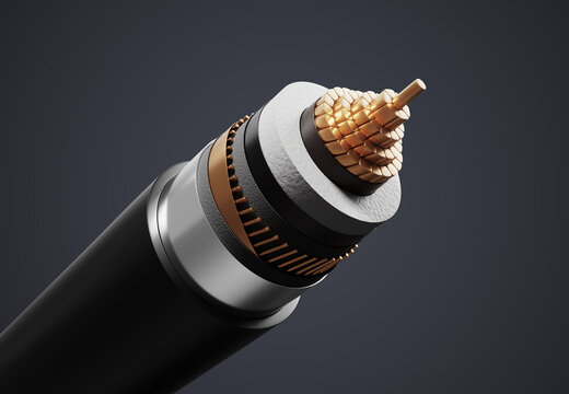 3D electric wire cable with copper core conductor of tin, gold and silver metal on black background. Insulation layers and protective armor for power transmission, building wiring. 3D illustration