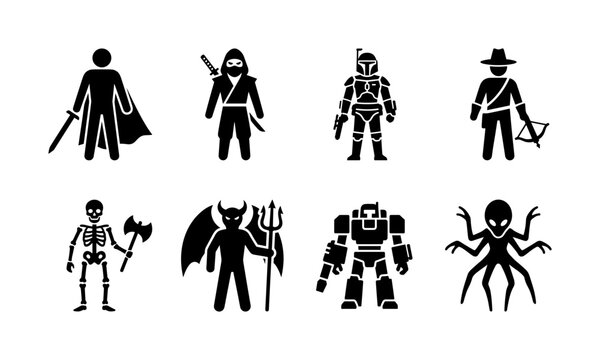 Video game heroes and enemies. Filled icon set of Video game heroes and enemies: heroic swordsman, masked ninja, futuristic soldier, monster hunter, undead warrior, demon boss, robotic fighter, alien