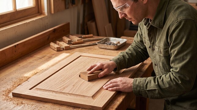 Craftsperson hand-sands an unfinished cabinet door at workbench