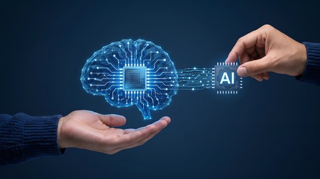 Artificial intelligence consulting concept featuring a human hand delivering an AI microchip to a holographic neural brain
