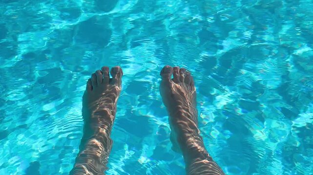 Bare feet relaxing in clear blue swimming pool water with sunlight reflections and gentle ripples. Summer vacation leisure and refreshing outdoor relaxation concept. High quality 4k footage