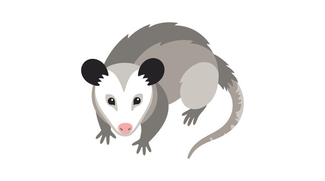 High-angle flat vector illustration of a cute North American opossum with a white face, pink nose, and black ears, isolated on a white background for commercial design use.