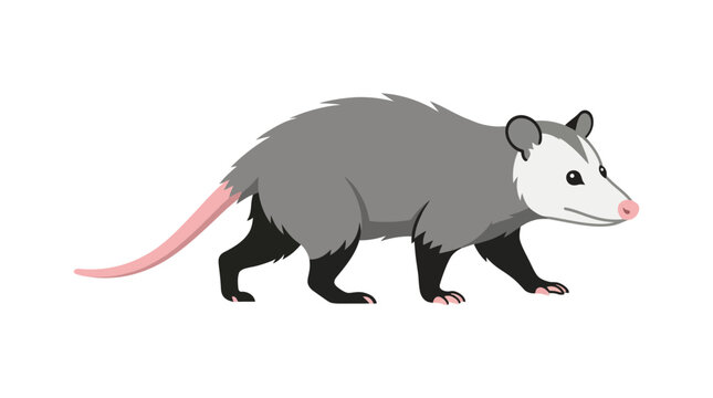 Flat vector illustration of a North American opossum walking on a white background. Features include grey fur, white face, black ears, pink nose, and a long pink hairless tail.