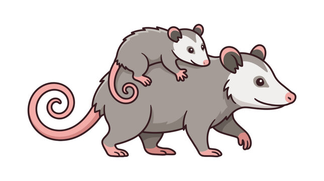 Cartoon illustration of a mother Virginia opossum walking while carrying a small baby joey on its back, isolated on white background with clean lines and minimalist vector design.