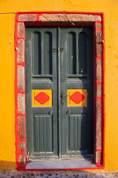 Greece, Cyclades, Thira, Santorini, Closed colorful wooden door