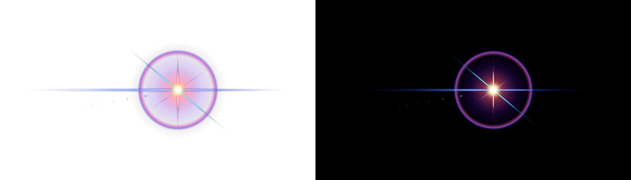 Purple Blue Lens Flare with Glowing Light Burst for Creative Graphic Design Isolated Transparent Background