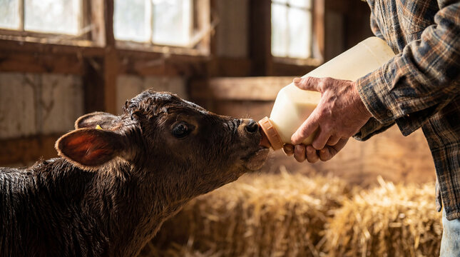 Cow receiving veterinary care in farm, creative anthropomorphic lifestyle scene exploring animal behavior, responsible care, companionship, wellbeing, humane values, education, modern lifestyle