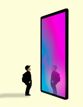 A small boy looks at his reflection in a giant smartphone screen