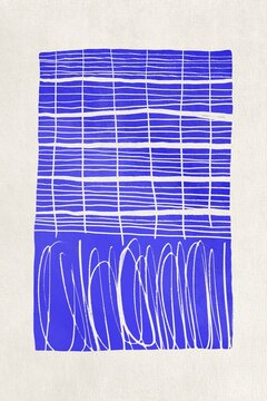Abstract blue art print displays a white geometric pattern