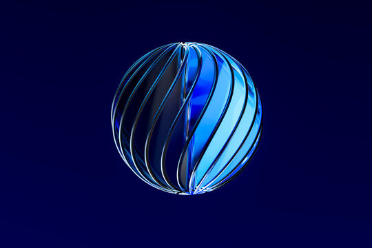 Abstract 3D blue glass sphere with wavy reflection