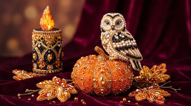 Beaded owl figurine sitting on a decorative orange pumpkin with a beaded candle and autumn leaves on a dark velvet background