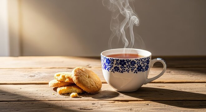 A steaming ceramic cup of tea sits on a rustic wooden table next to several crisp golden biscuits, creating a cozy and relaxing atmosphere, ceramic, bakery, mug