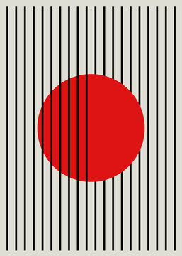Red geometric circle among vertical black lines on abstract background