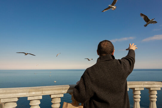 A man reaches out to flying seagulls from a sea balcony