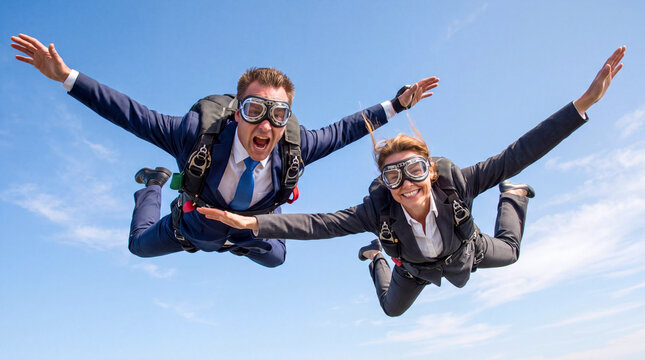 Excited business people in corporate suits and retro goggles skydiving in freefall against a clear blue sky